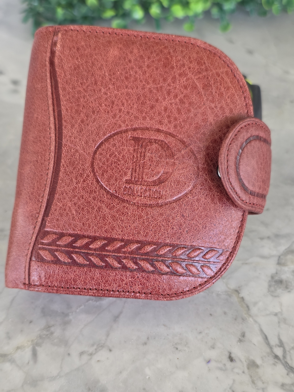 Embossed Red Leather Zip Wallet with Braided Detail